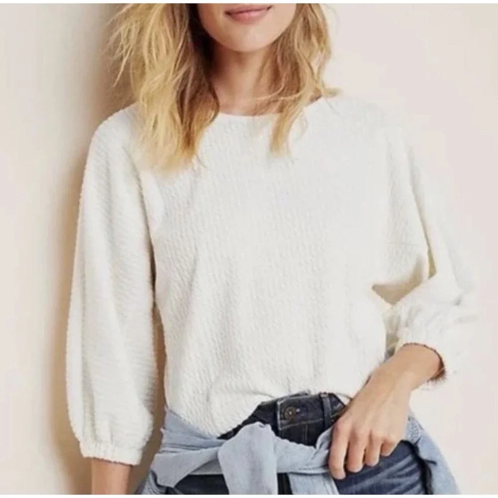 Anthropologie‎ Blouse Arya XS Cream Textured Top Balloon Puff Sleeves Popover